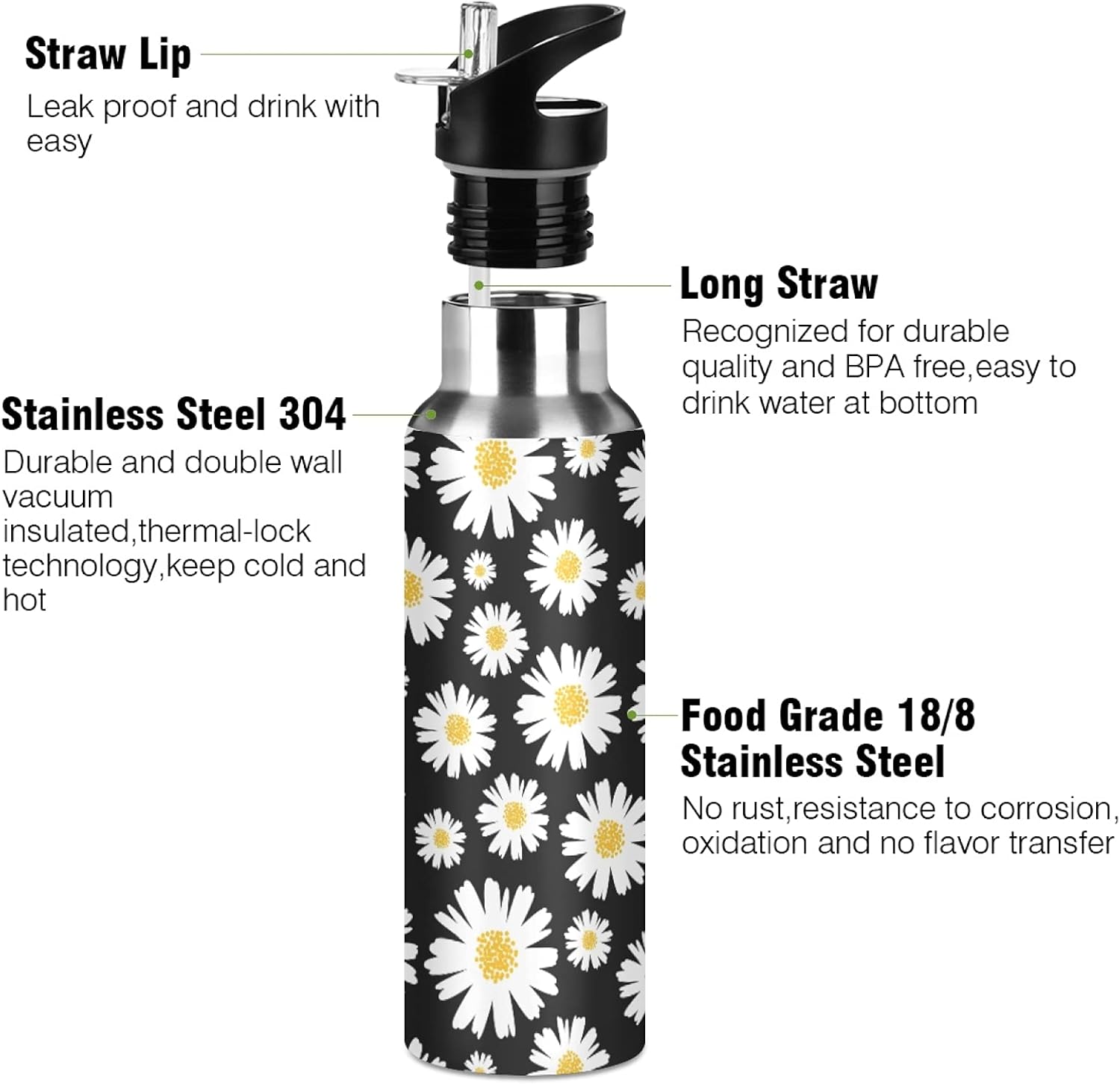 xigua Daisy Water Bottle with Straw Lid 22 oz - Vacuum Insulated Stainless Steel Water Bottles Leakproof Water Flask for Fitness Sports Outdoor