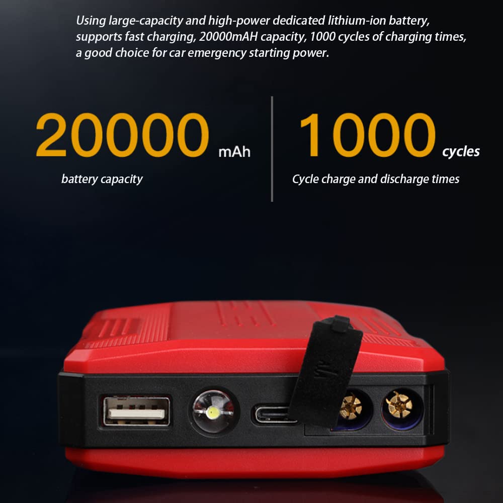 Przenośny rozrusznik samochodowy z baterią litową, ładowarka samochodowa do elektronarzędzi zewnętrznych, 20000 mAh, 500 A, szczytowa moc 12 V, nadaje się do 6-litrowej benzyny i 2-litrowego silnika