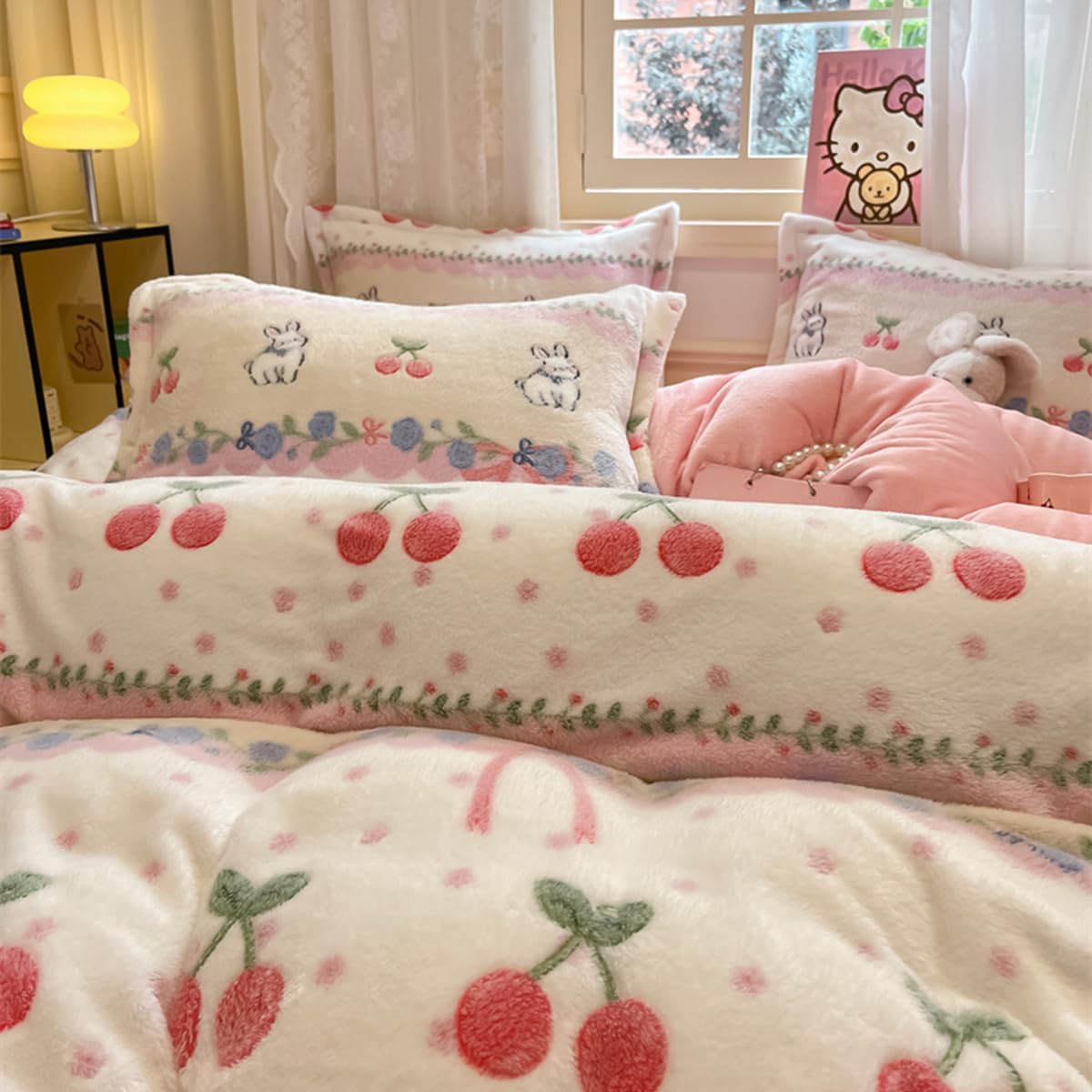 3Pcs Bedding Sets, Pink Cherry Rabbit Duvet Cover Queen, Aesthetic Comforter Covers Full Size, Ultra Fluffy Blanket Cute Kawaii Bed Set for Toddler Teen Kids Girls Women Cottage Core Decor
