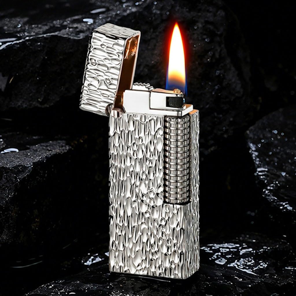Vintage Kerosene Lighter Slim Flip Soft-Flame Lighters Side-Sliding Wheel Ignition for Men(Silver)