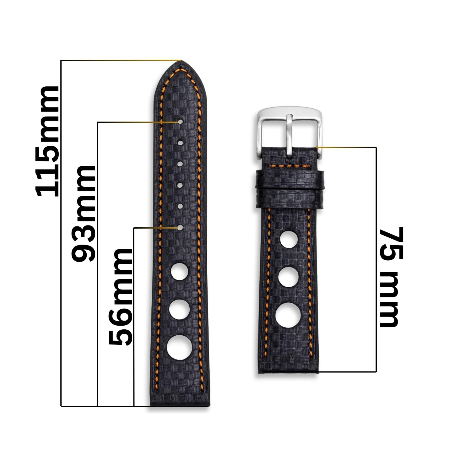 Cinturino per orologio da rally con motivo in fibra di carbonio, cinturino perforato da 18 mm, 20 mm, 22 mm, cuciture nere, rosse e arancioni, strumento e barre a molla inclusi