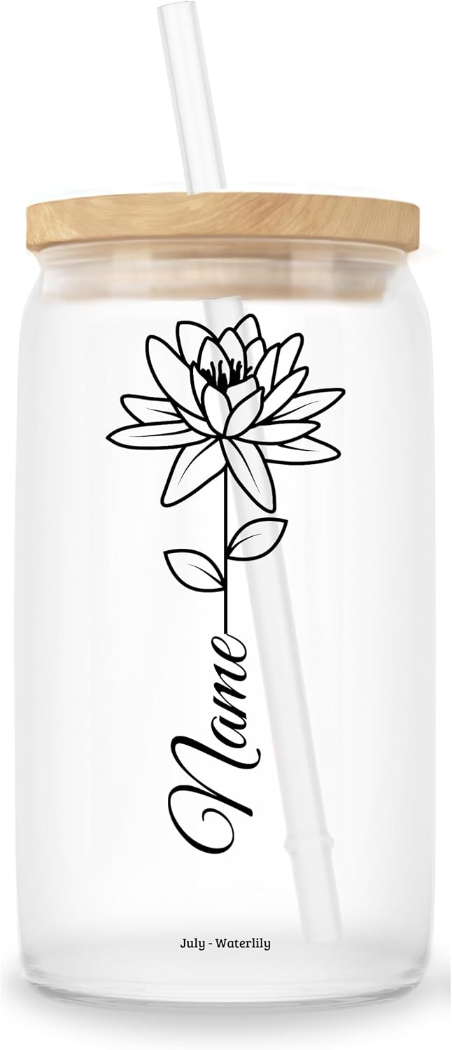 Personalized Birth Flower Glass Tumbler with Name, 16oz Iced Coffee Cup with Bamboo Lid and Straw, Custom Birthday Gift for Women (July)