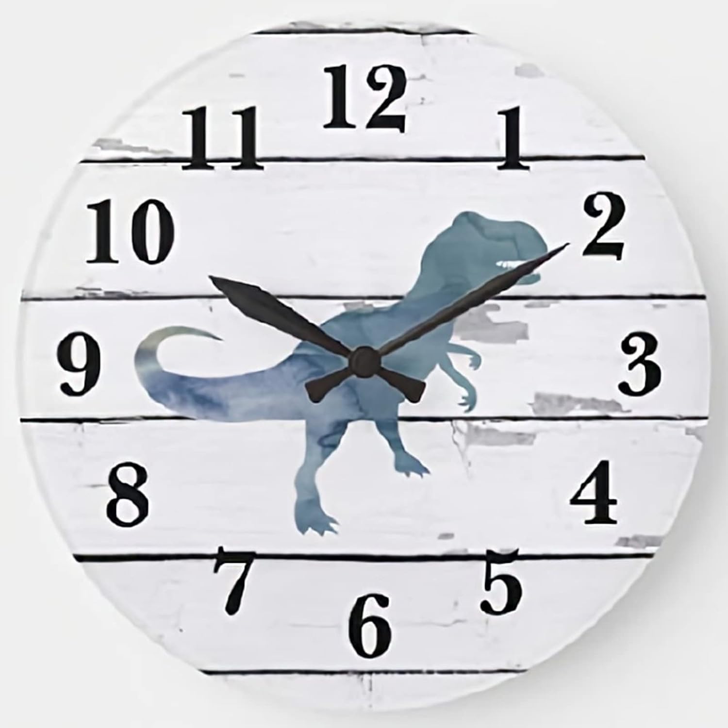 ArogGeld Dinosaur Wall Clock Shiplap Modern Wooden Round Clocks Decor 15 Inch Battery Operated Large Decorative Silent Wood Hanging for Bedroom Living Room