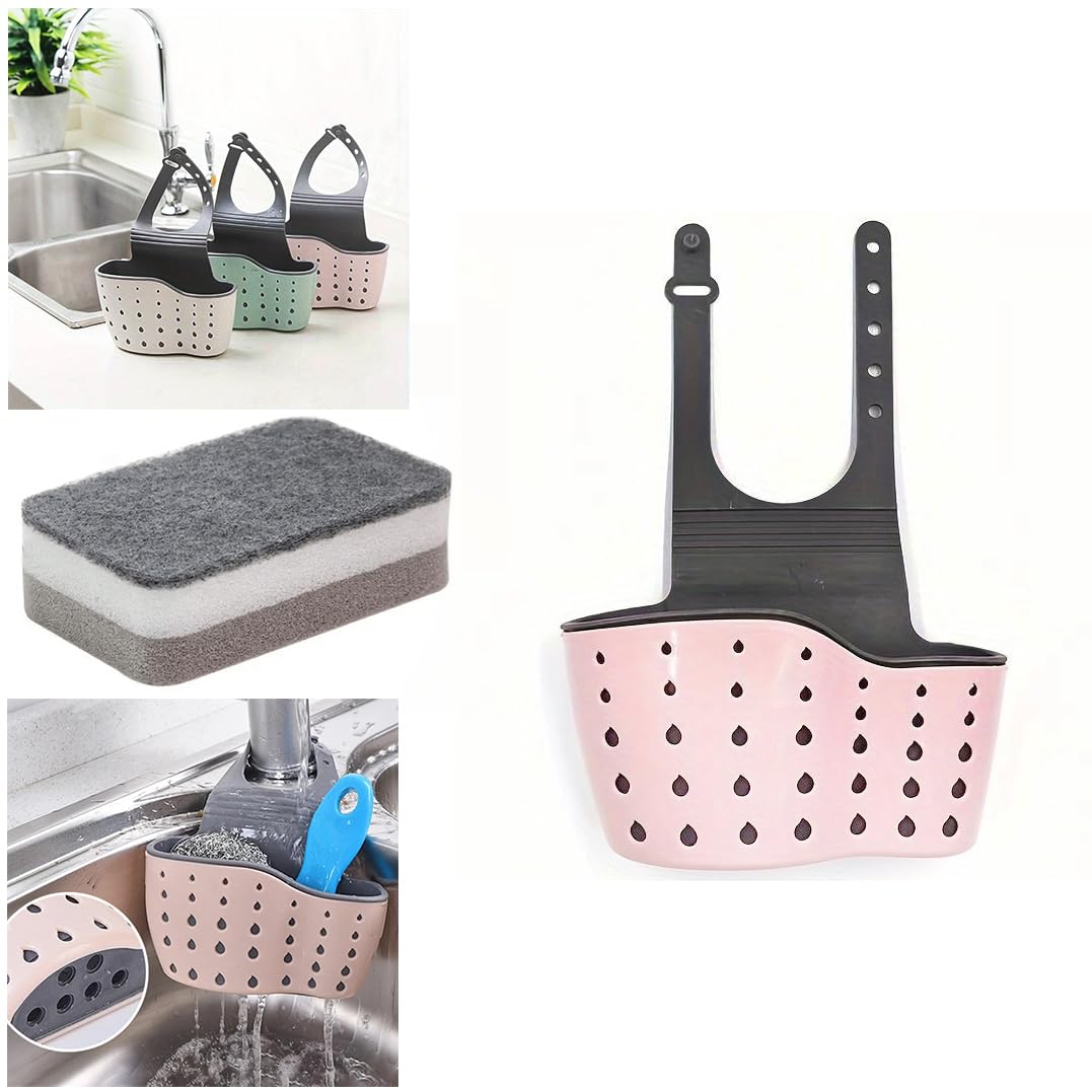 Hk Online Multicolor 1 Pink Tap Sponge Soap Holder & Sponge Included -Easy Fasten, Sink Draining Caddy, Dishcloth Holder, Soap Sponge Holder (Pink Holder & Sponge)