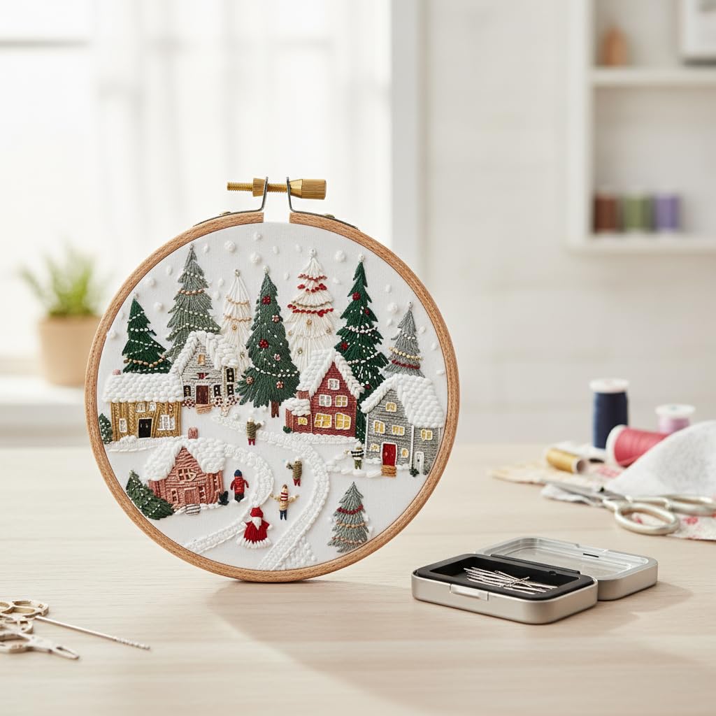Set de Bordado Navideño con Bastidor de 20 Cm y Organizador de Alfileres para Costura con Tapa Transparente Adecuado para Principiantes Adultos y