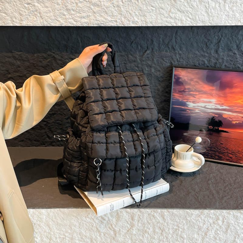 Flap Top Backpack Padding Gym Bag Puffy Puffer Backpack for Women (Black)4