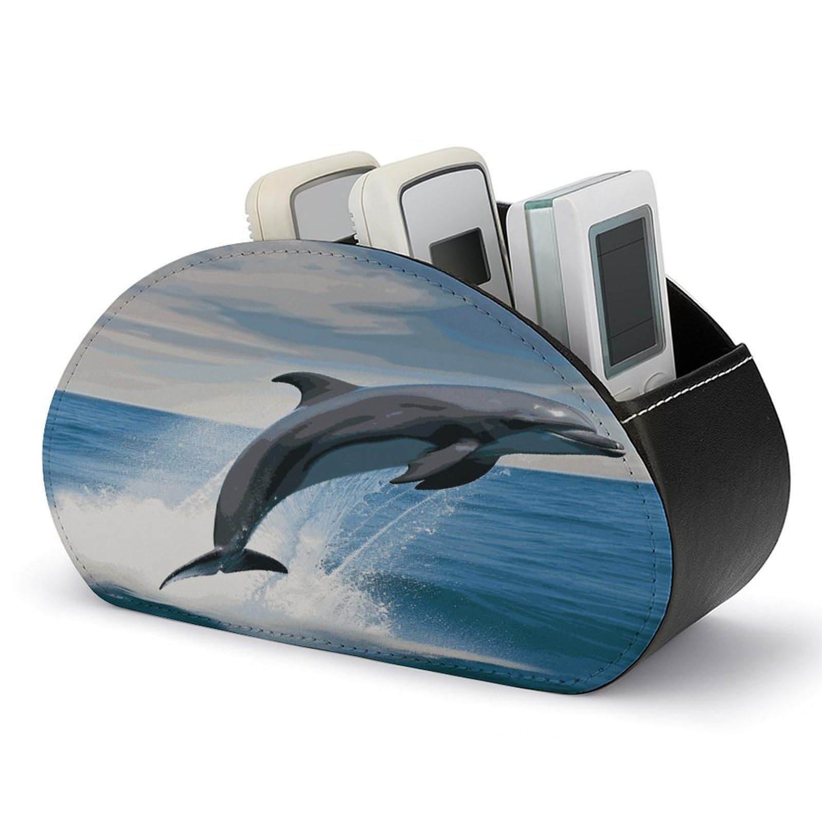 FekiLoot Jumping Up Dolphins Remote Control Holder with 5 Compartments Multi-functional TV Remote Caddy Organizer Leather TV Remote Holder Desktop Organizer Store for Bedside Table Office Desk