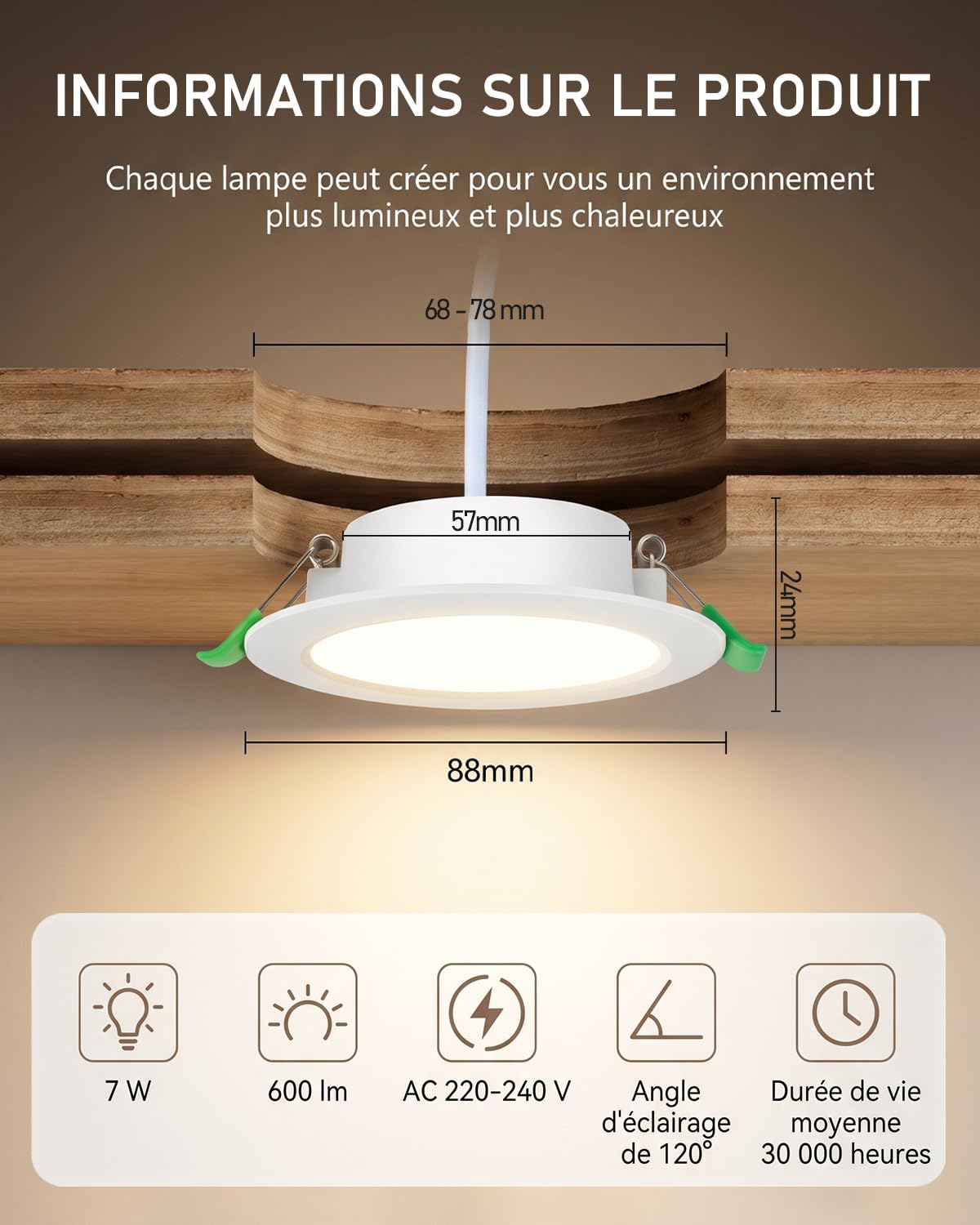Lot de 20 Spot LED Encastrables 68mm 5W 220V, 3 Températures de Couleur Réglables, Blanc Chaud 2700K / Neutre 4000K / Froid 6000K, Spots de Plafond IP44 Étanche pour Salle de Bain Salon Cuisine