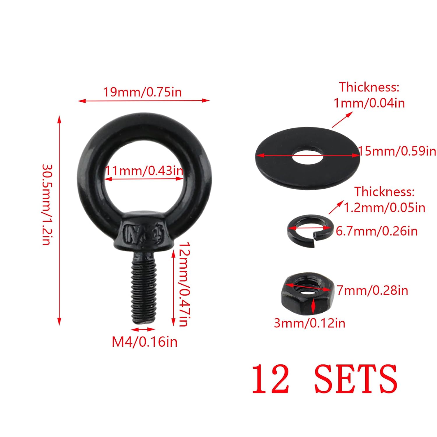 Dnyta 12Pcs M4 Stainless Steel Eye Bolts Machinery Shoulder Lifting Eyebolt