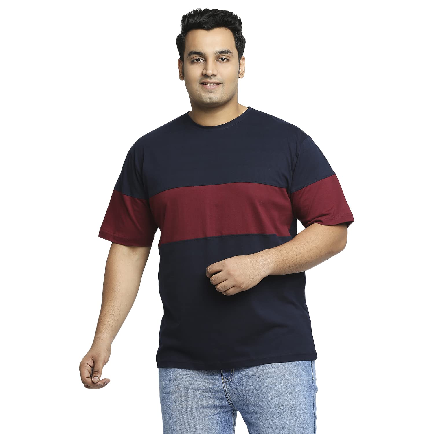 vaishvik Men's Plus Size Cotton T-Shirt 3XL,4XL,5XL,6XL,7XL,8XL,9XL,10XL - Big Oversized Round Neck Half Sleeve Tee - Relaxed Loose Fit - Striped - Navy Blue & Maroon-picture-20