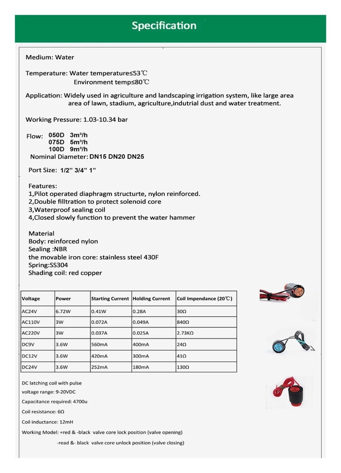 Electroválvula de riego de 3/4" y 1", normalmente cerrada, con regulación de caudal, 220 V, 110 V, 24 V y 12 V CC. Electroválvula de riego de enclavamiento.(45720,DC LATCHING(9-20V)-CLOSED)