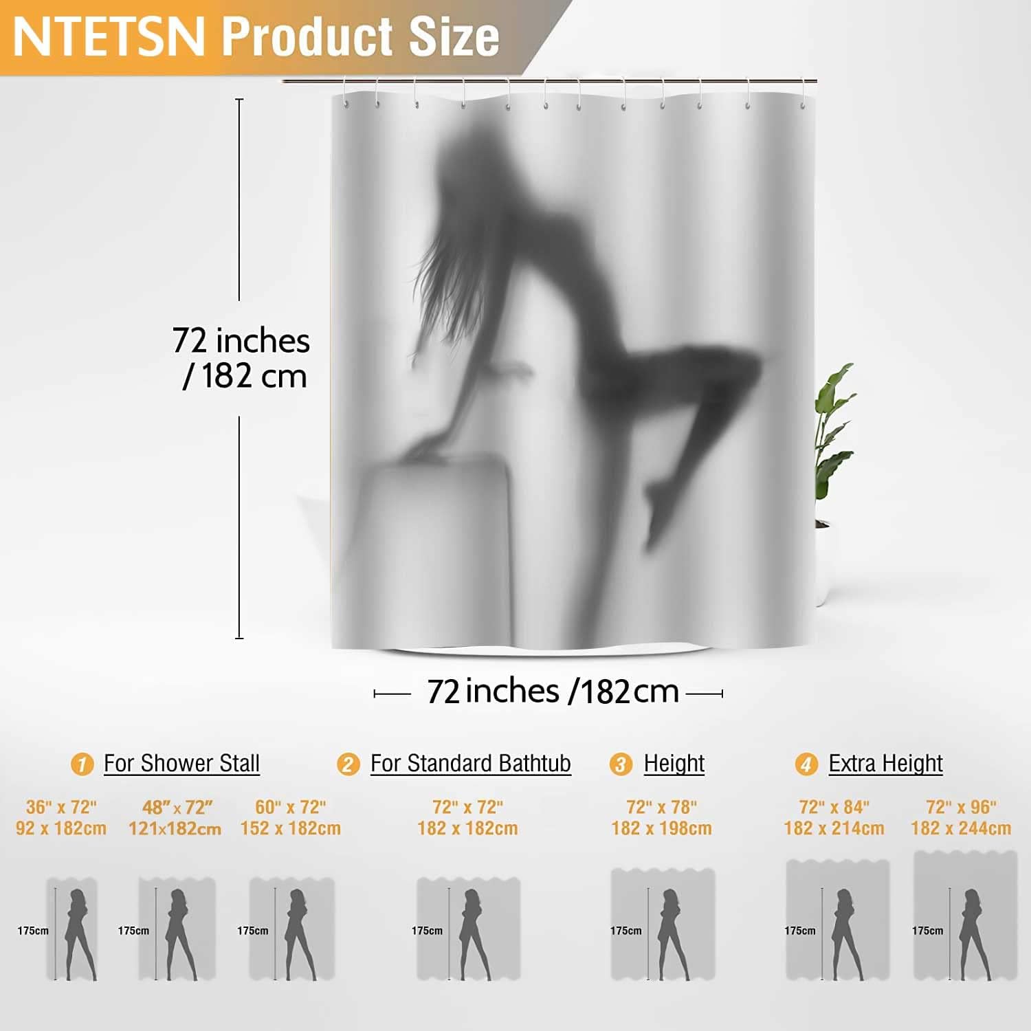 Sexy Lady Women Fabric Shower Curtain Beauty Silhouette Shadow Shower Curtains Set for Bathroom Decor Sets White Waterproof Bath Curtain Standard Size, 72 x 72 Inches, YLLHNT195