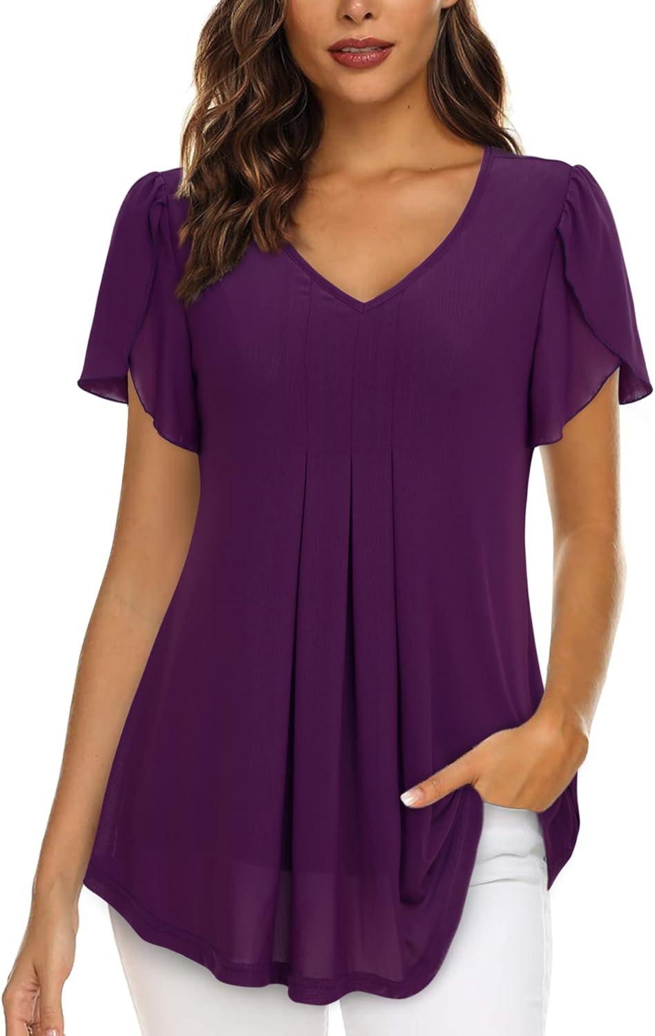 VALOLIA Womens Tops Short Sleeve Shirts Casual V Neck Blouse Double Layers Mesh Tunics Tops