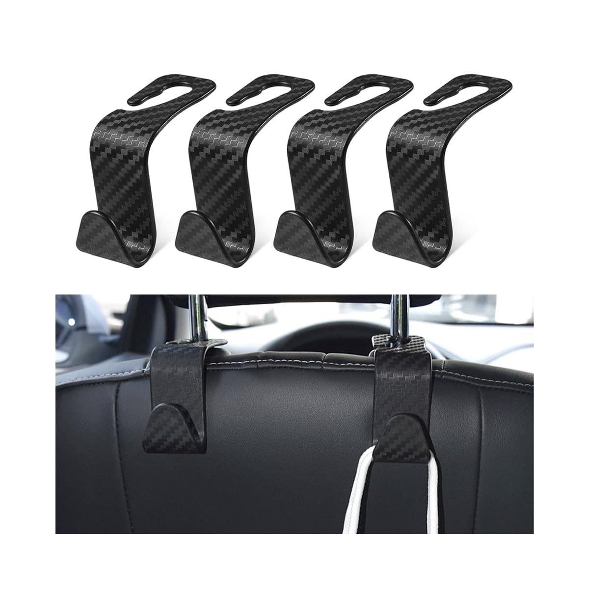4 Pack Headrest Hooks for Vehicle Seats, Carbon Fiber/Black