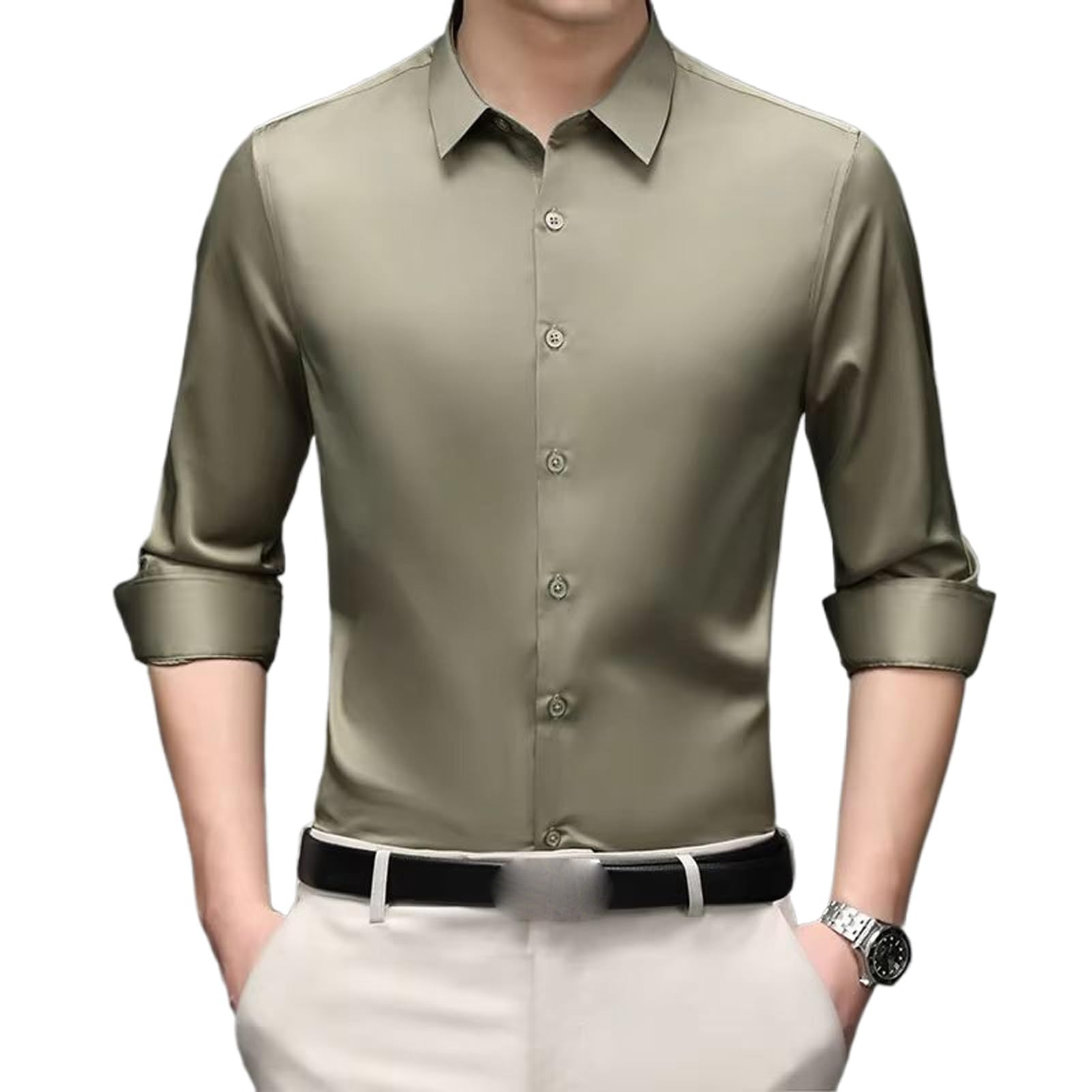 Chemise décontractée pour homme manches longues WOLONG extensible couleur mince - 8