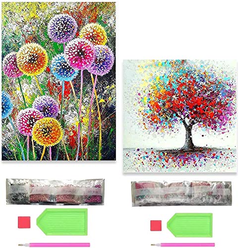 2 Pack 5D Diamond Painting Kit, VEGCOO DIY Diamond Painting Full Kits Art Full Drill Set for Adults or Kids, Home Wall Decor Colorful Tree(35 * 35cm) and Dandelion(30 * 40cm)