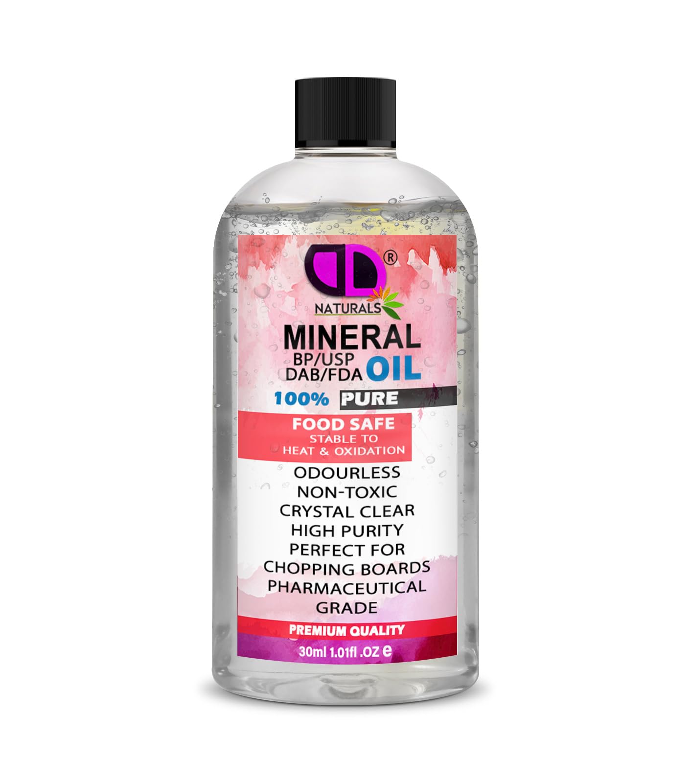 Olio minerale puro Premium per alimenti, tagliere olio, tagliere, piano di lavoro, blocchi da macellaio, controsoffitti legno, ardesia, pietra, insapore, inodore e trasparente (tappo da 30 ml)