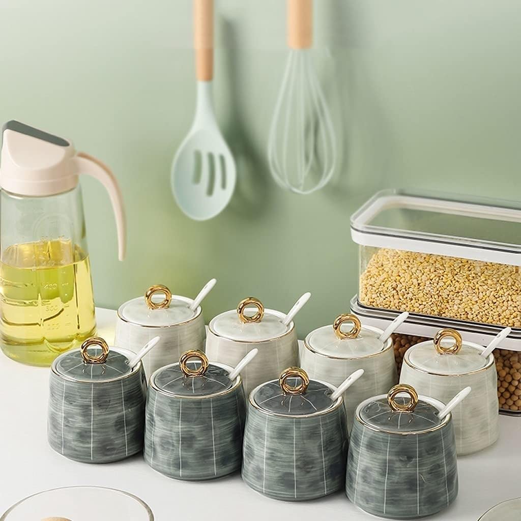 Salero Y Azucarero Cocina Juego De Recipientes Para Condimentos Cerámica, Bote Para 280ml Con Tapas Y Cucharas, Conjunto Sazonadores Lujo Nórdico Para El Hogar Caja De Almacenamiento(B,3pcs)