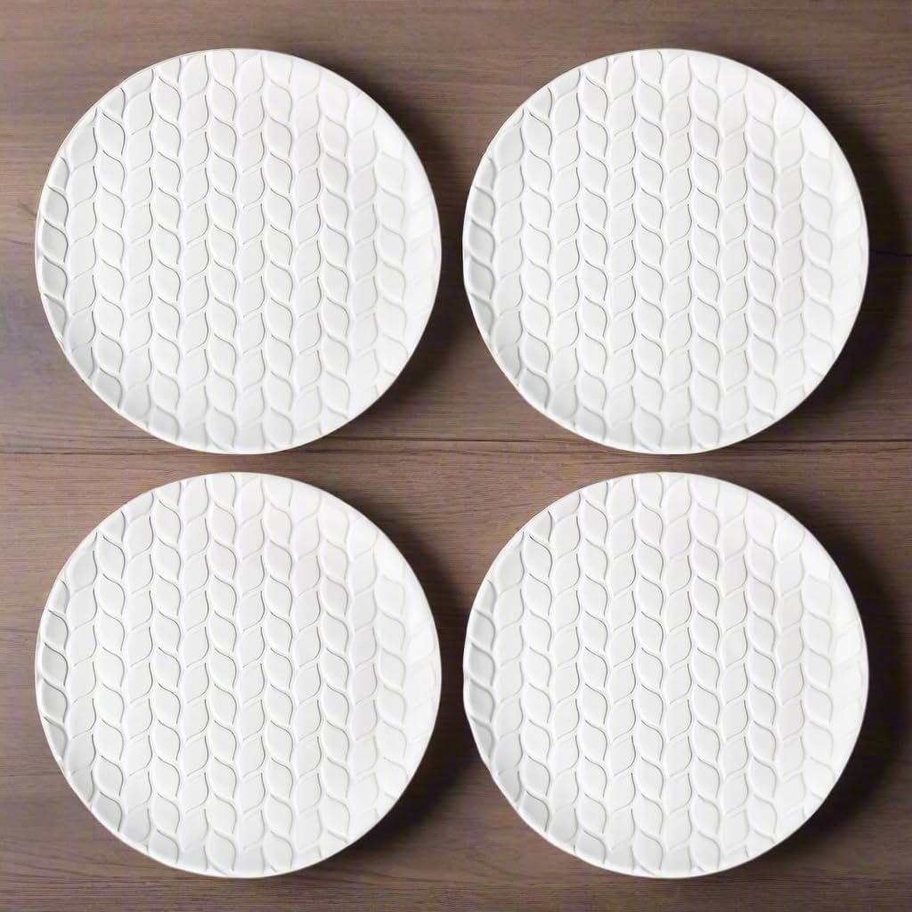temp-tations by Tara Carved Willow White Dinner Plates, Set of 4-8" Small White Ceramic Plates for Salad, Microwavable, Dishwasher-Safe, Stoneware Dinnerware Sets, Premium Kitchen and Dining Dishes