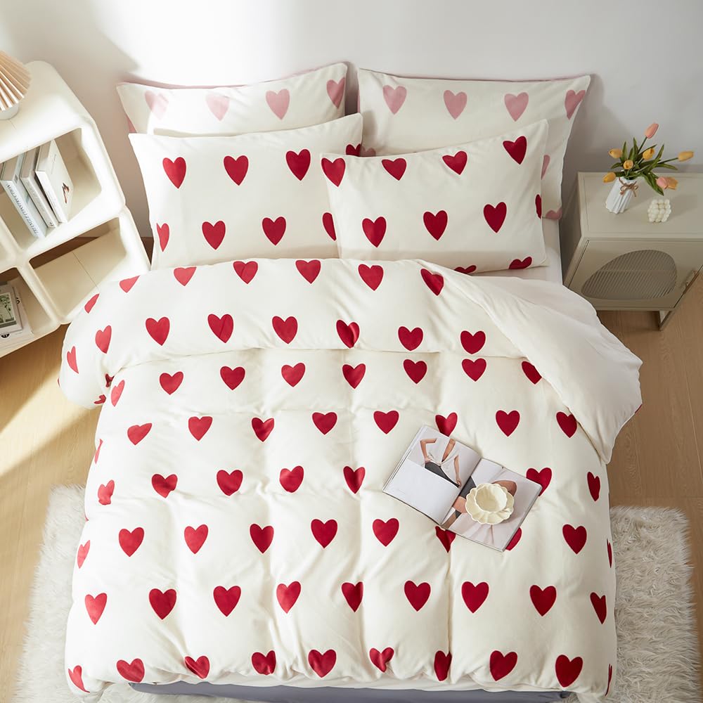Flanell Bettwäsche 135x200 Herzen Rot Weiß Winter Biber Plüsch Winterbettwäsche 4teilig, 2 Warme Flauschig Cashmere Touch Bettbezug und 2 Kissenbezug 80x80 mit Reißverschluss