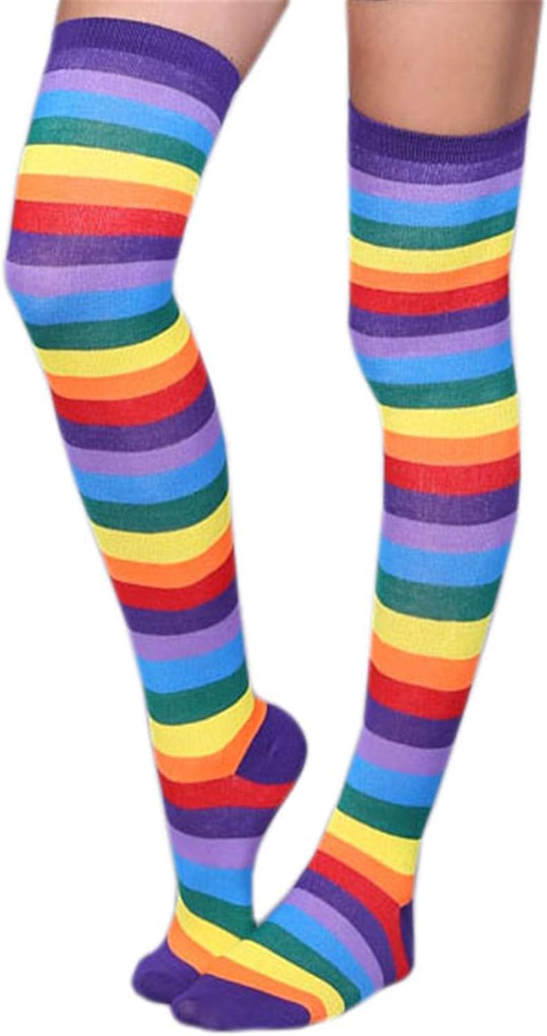 Coolwife 6 Pairs Over Knee High Socks Rainbow Stripes Halloween Christmas Thigh High Stockings - Image 7