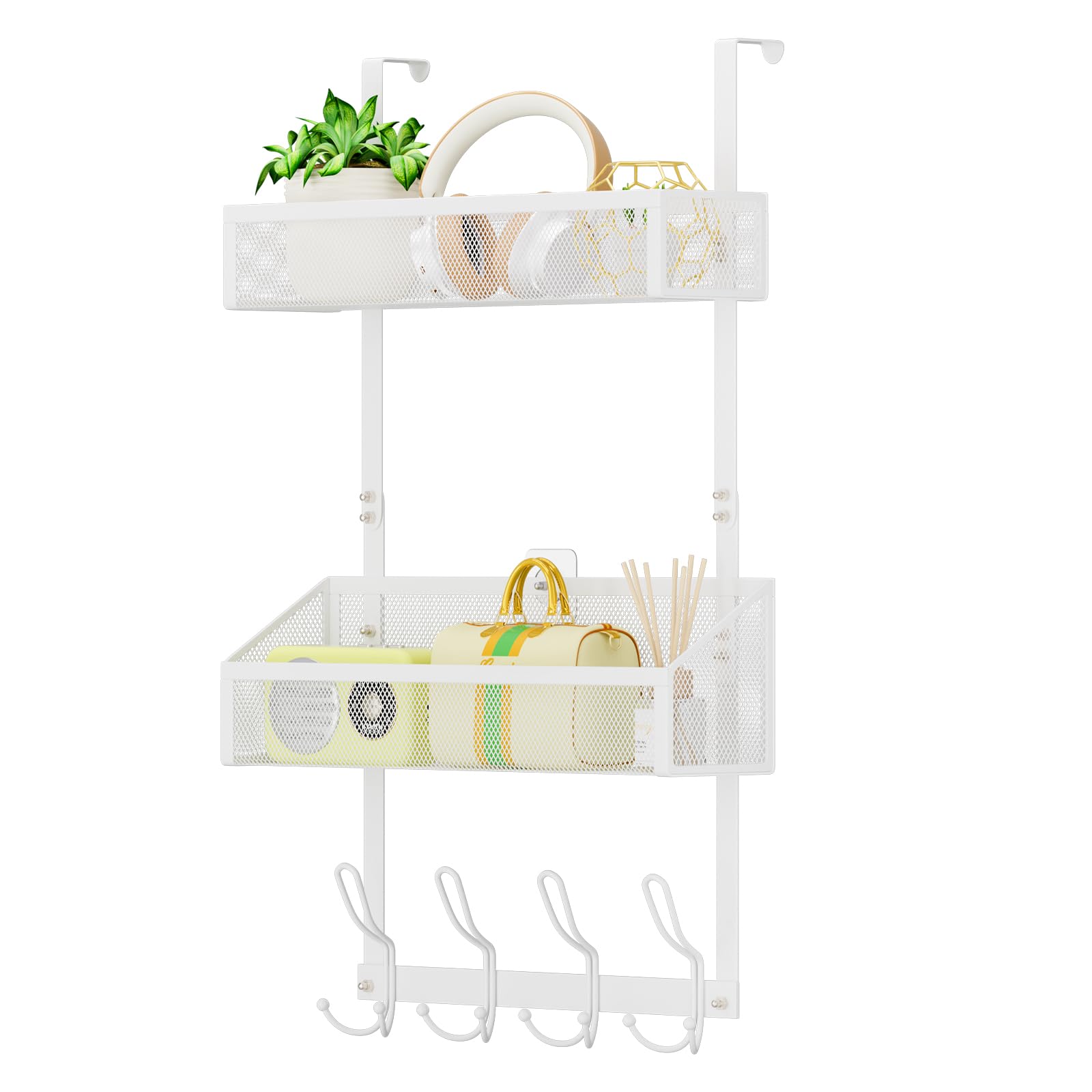 Hocookeeper Over The Door Hooks & Baskets - 12 Hooks & 2 Mesh Baskets Back of Door Storage Organizer for Bathroom, Kitchen, Bedroom (White)