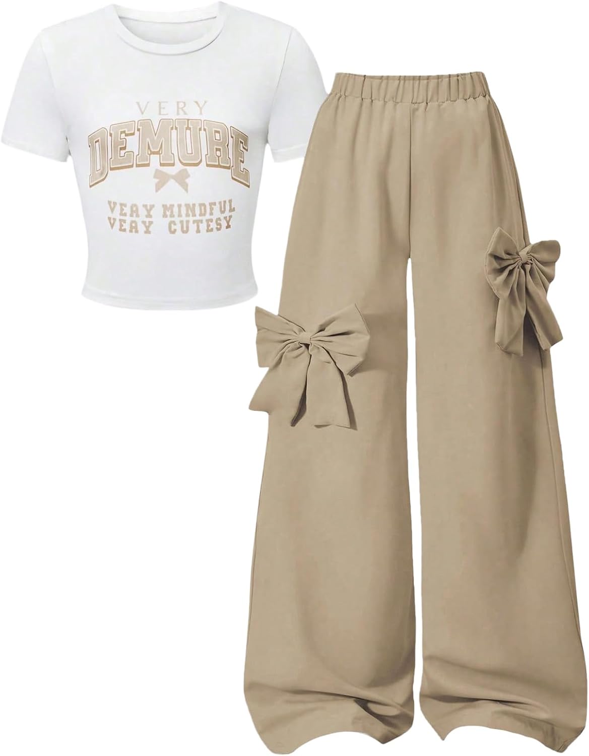 OYOANGLE Girl's 2 Piece Outfits Bow Wide Leg Pants and Letter Graphic Short Sleeve Crop Tops Set