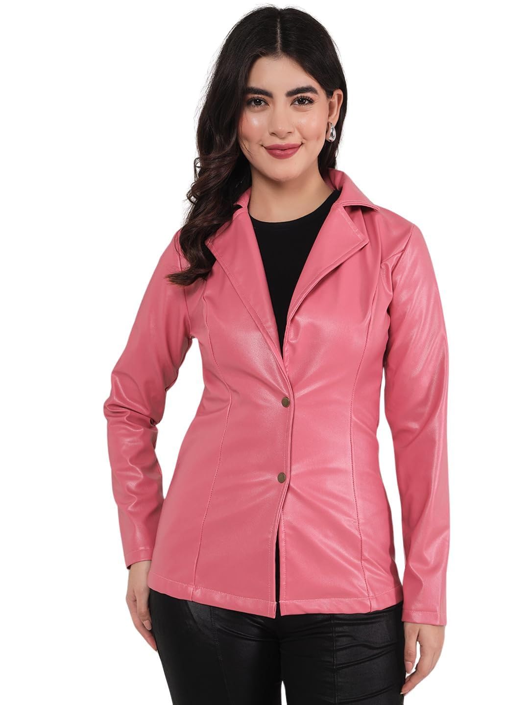 tandul Solid Pink Women's Coat - Leather, Long Sleeves Coat 3X-Large Size (10579)-picture-40