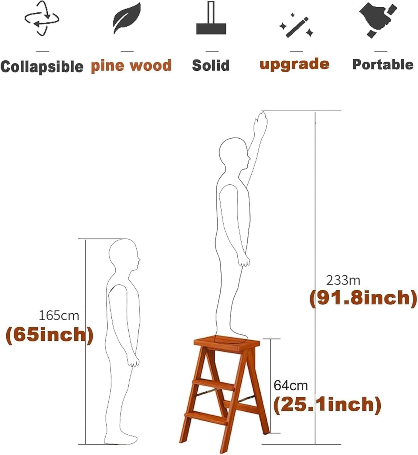 Wooden Folding Library Ladder Chair Portable Stool Flower Shelf for Adults Convertible Step Ladder(White,Without pad)