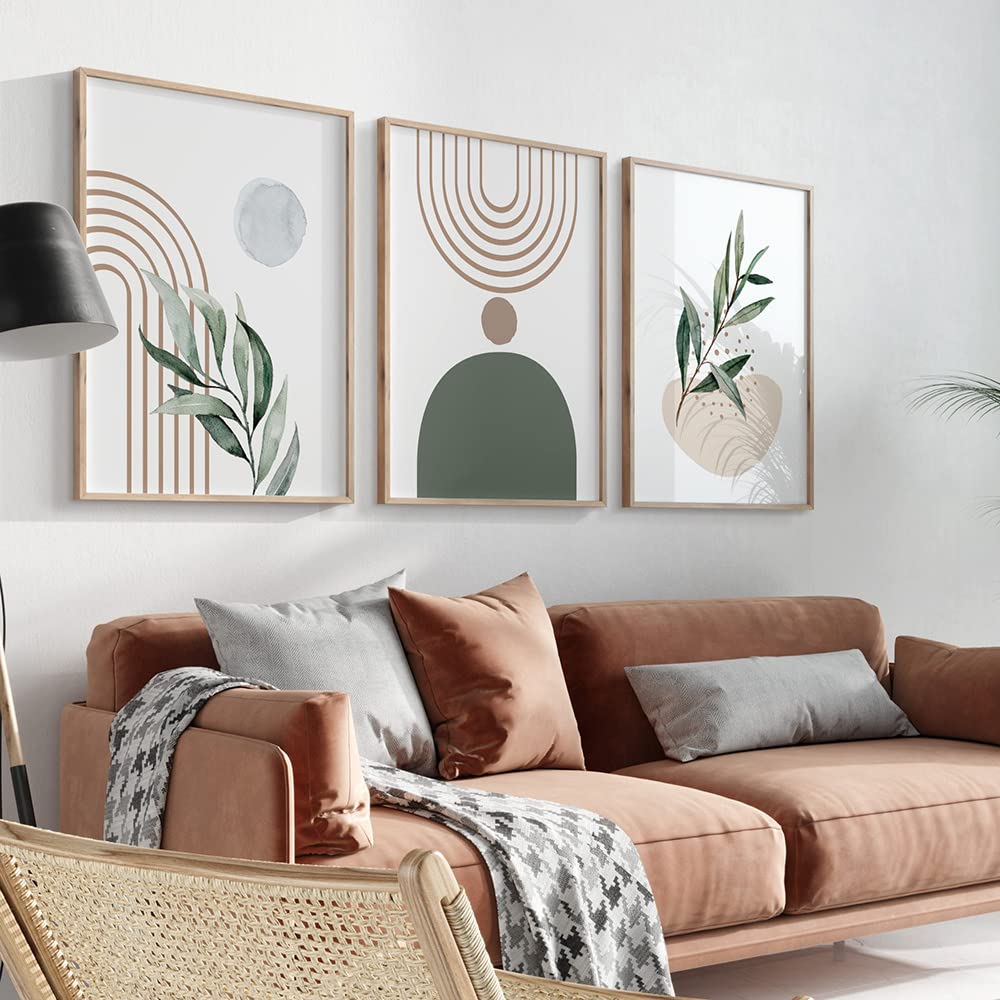 Ensemble de 3 Boho Sauge Vert Plantes Abstrait Géométrique Art Mural Toile Peinture Nordique Affiches et Impressions Photos pour Salon Décor-60 * 80Cm/24 * 31Inch (Sans Cadre