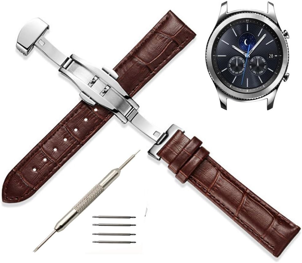 22mm Genuine Leather Watch Band - Replacement Strap for Samsung Gear S3 Frontier/S3 Classic/Moto 360 2nd Gen 46mm Smart Watch (Brown)