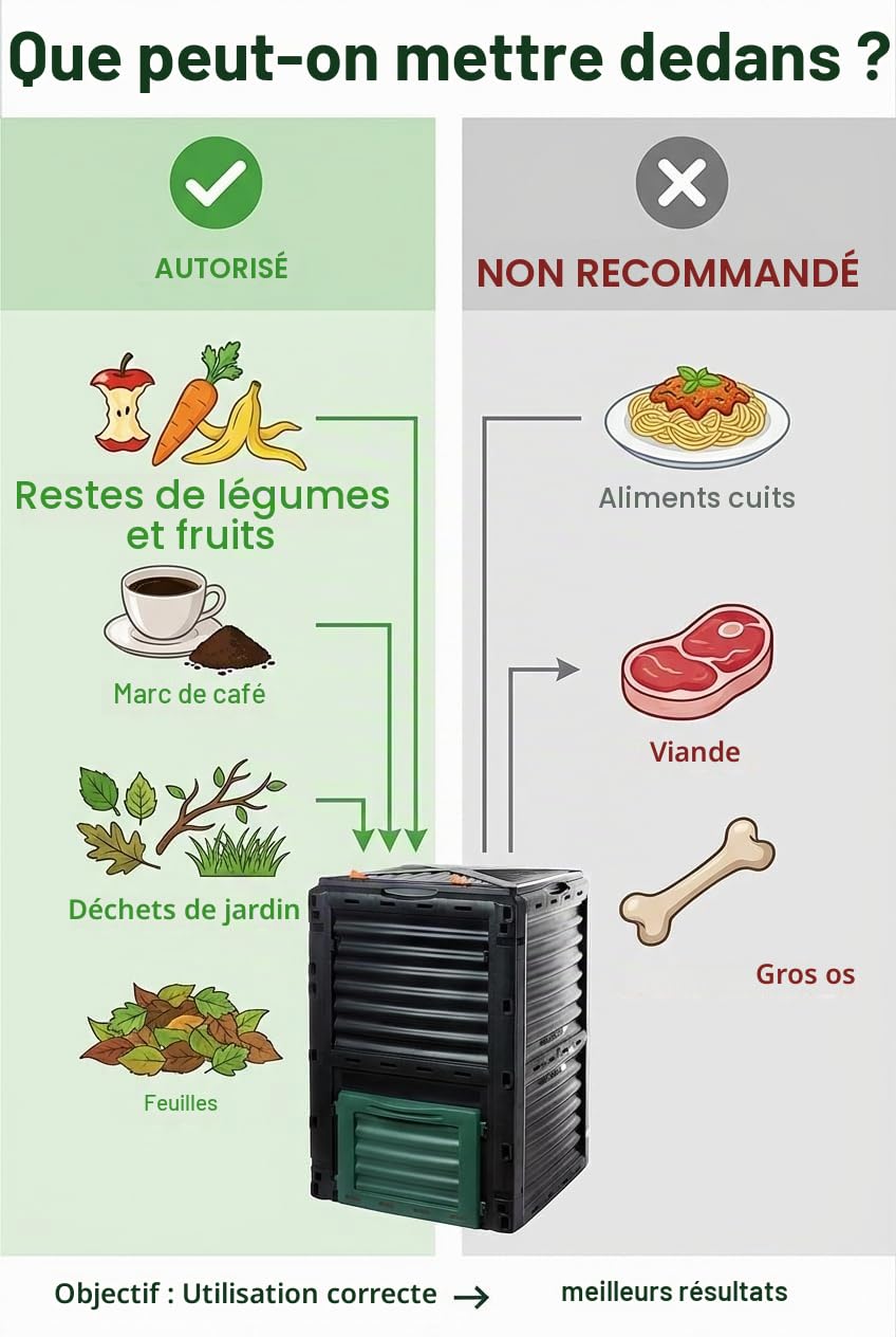 Composteur thermique de jardin 300 l de qualité supérieure avec couvercle rabattable en plastique recyclé 83 x 61 x 61 cm