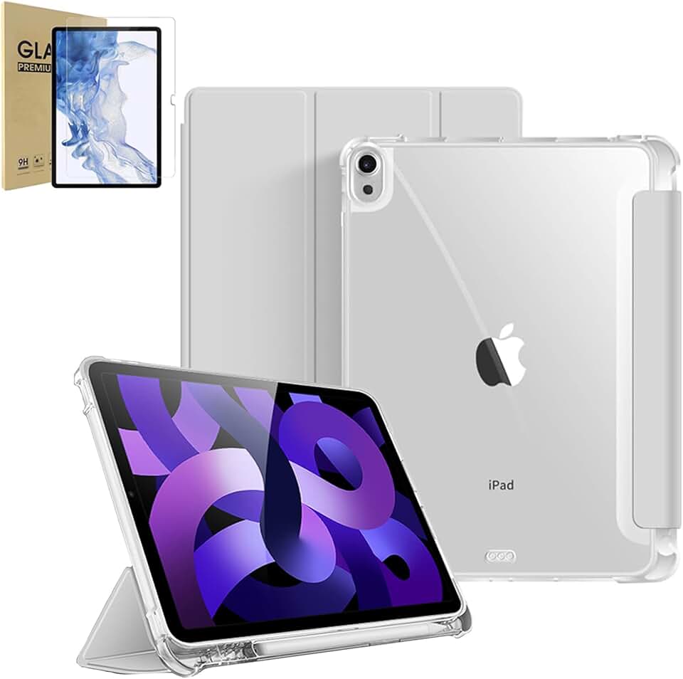 Capa Para iPad Air 4ª/5ª/M2/M3 Geração 10,9/11", Com Suporte a Caneta, Fundo Transparente para DIY/Anti Impacto/Auto Sleep/Premium Resistente Funcional (Cinza, Com Película de Vidro)