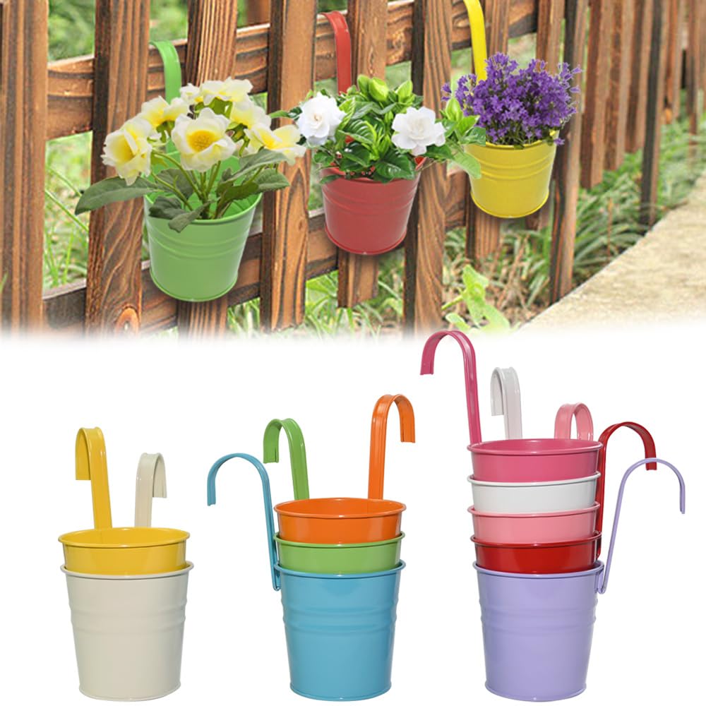 Armo® 10 x Hanging Flower Plant Pots Large Metal Flower Pot With Vase Fence Hanging Garden Planter With Drainage Hole — view 7