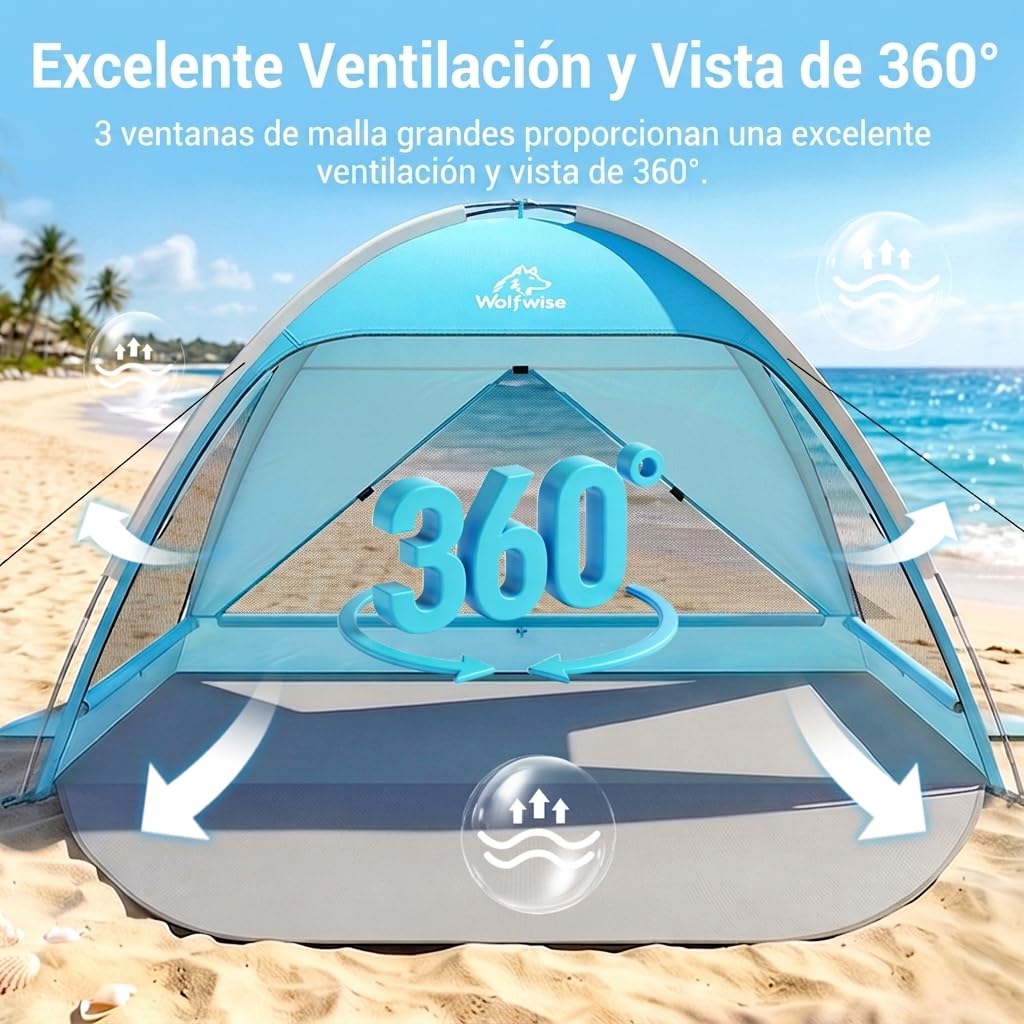 Wolfwise Tienda de Playa UPF 50+ para Familia, Refugio Solar Anti-UV con 3 Ventanas Ventiladas, Suelo Extensible y Bolsa de Transporte, Capacidad 3 Personas, Azul