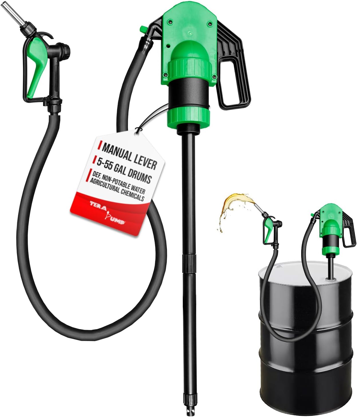 TERA PUMP Manual Lever Action Pump w/Gas Pump Style Nozzle for DEF, Antifreeze, Windshield Washer & Agricultural Chemicals, 15-55 Gallon Drum Barrel Pump w/ 10 ft Hose (8 oz per Stroke)