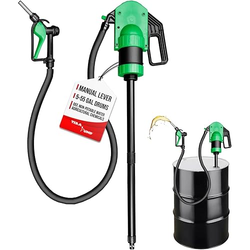 TERA PUMP Manual Lever Action Pump w/Gas Pump Style Nozzle for DEF, Antifreeze, Windshield Washer & Agricultural Chemicals, 15-55 Gallon Drum Barrel Pump w/ 10 ft Hose (8 oz per Stroke)