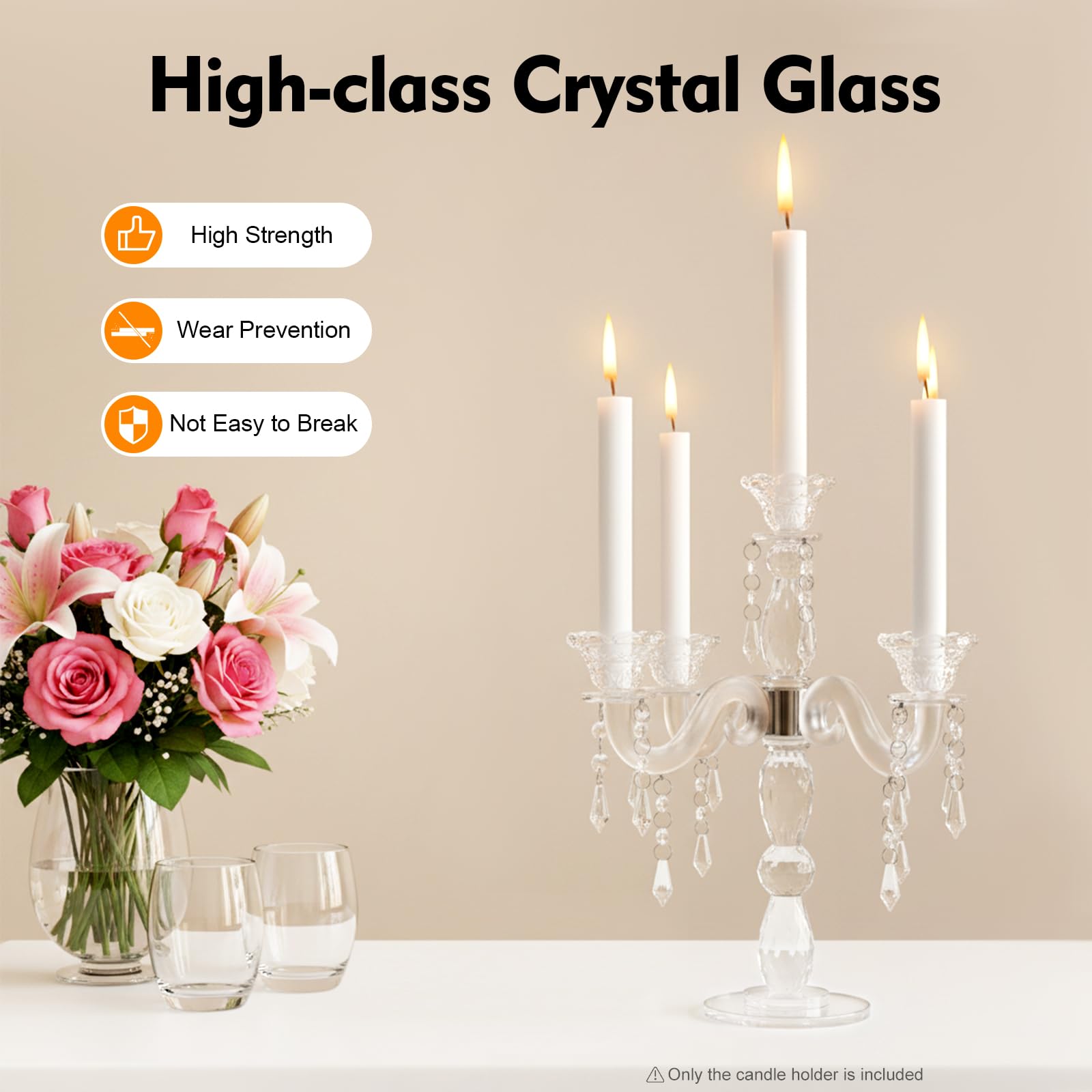 Candelabro de cristal de 5 brazos para decoración de mesa, candelabro moderno para velas de mesa y velas LED, accesorio de mesa para casa, boda, cena, transparente, 25 x 35,5 cm