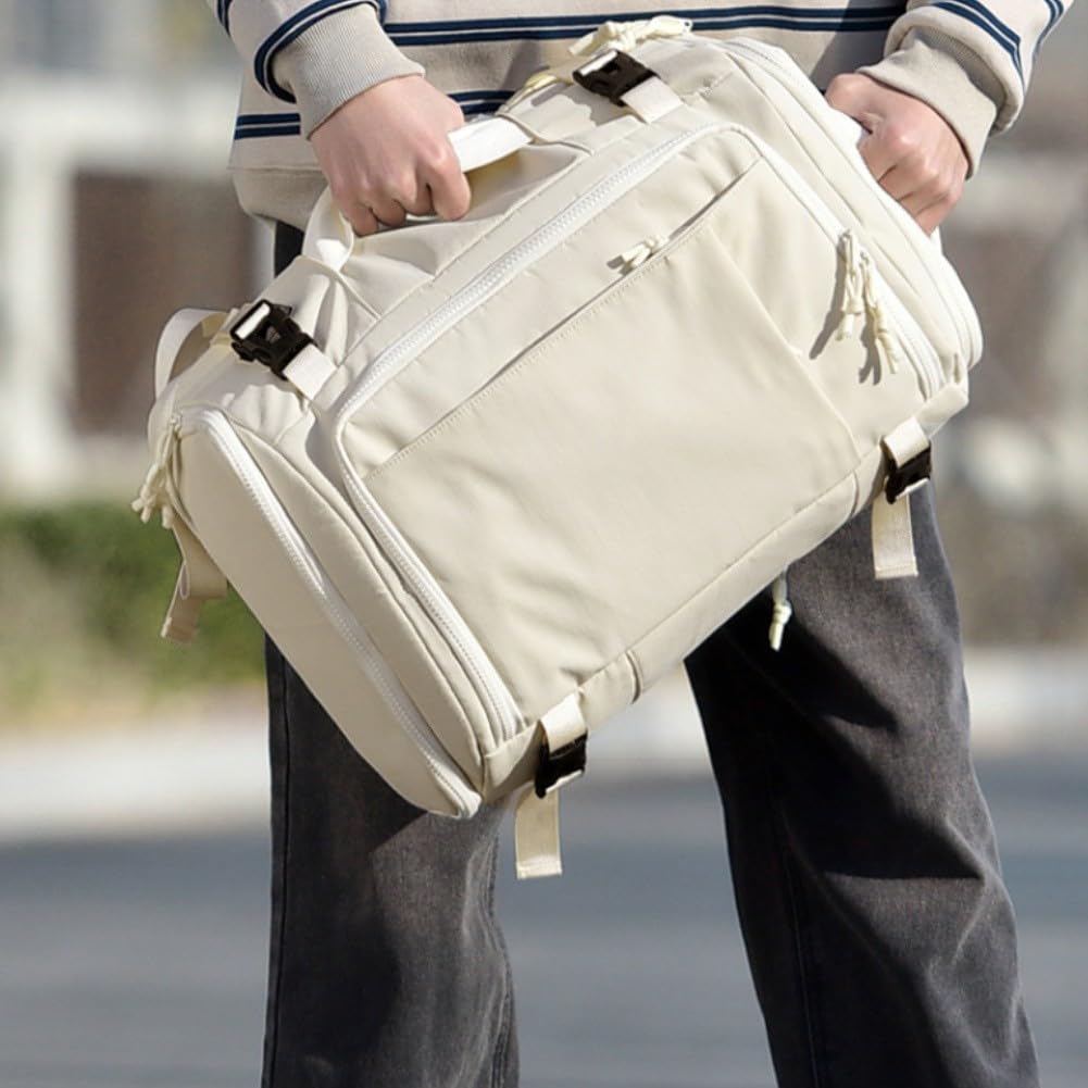 Mochila, 28-38L expandible, bolsa de senderismo para laptop con compartimento para zapatos y separación en seco húmedo, mochila de viaje Oxford ligera para gimnasio, camping, viajes (blanco)