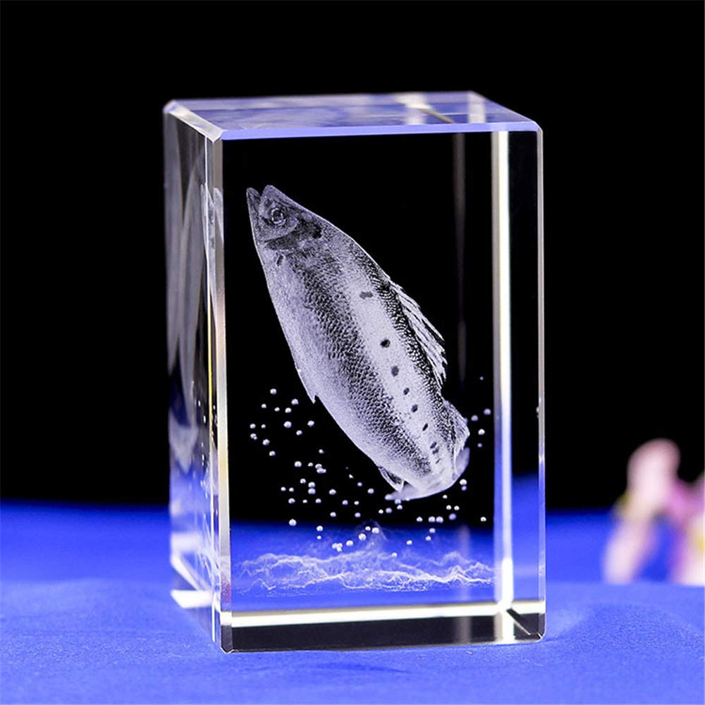 CRYSTAL GLASS SALMON ORNAMENTS MODEL,3d laser etched crystal salmon figurine art,Animal Crystal Glass Cube Engraving SALMON SCULPTURE GIFTS WITH GIFT BOX (50 * 50 * 80mm)