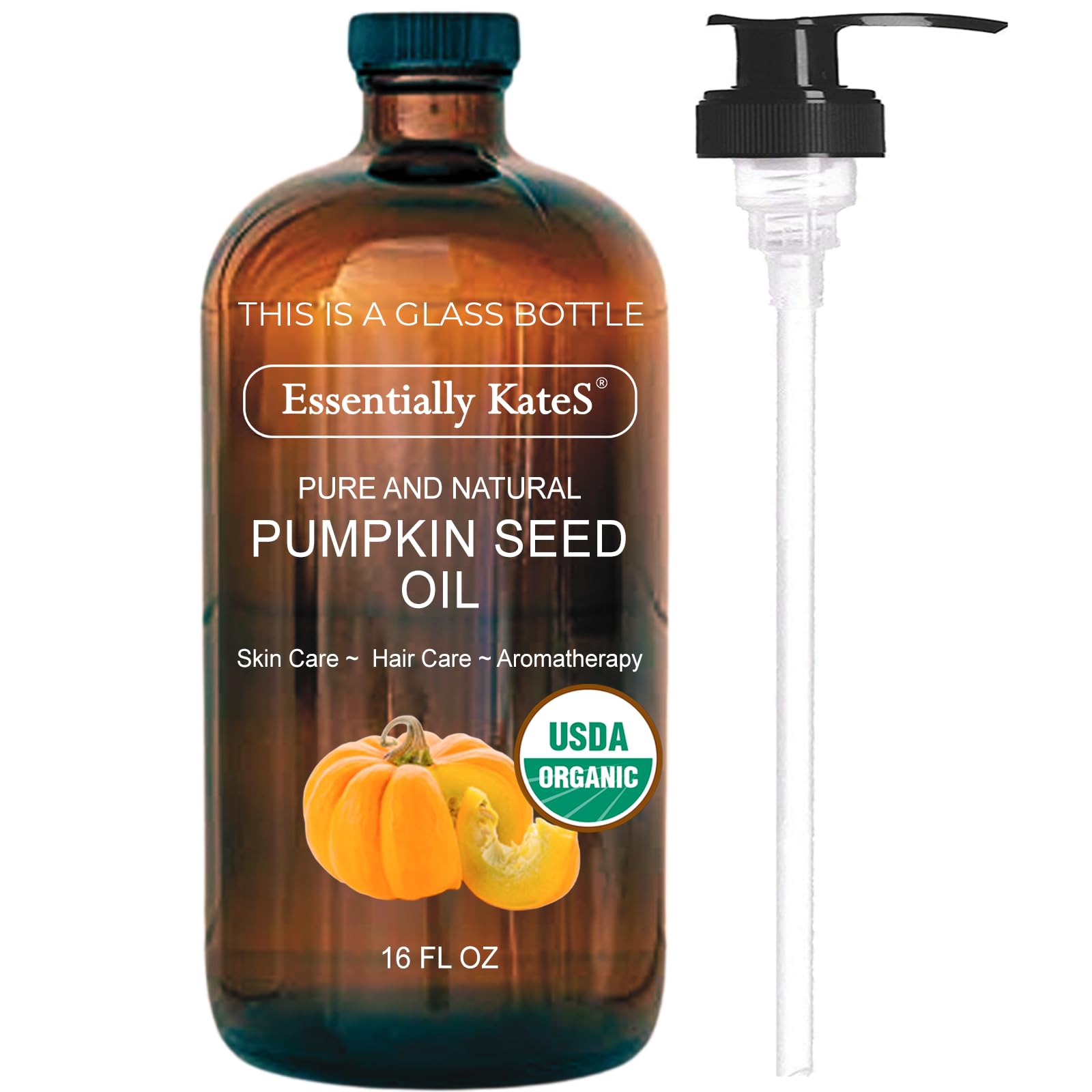 Pumpkin Seed Oil 16 fl oz (Glass Bottle) - USDA Organic Cold Pressed - 100% Pure and Natural - Hexane Free, Phthalate Free - Skin, Hair, Body, Massage Oil