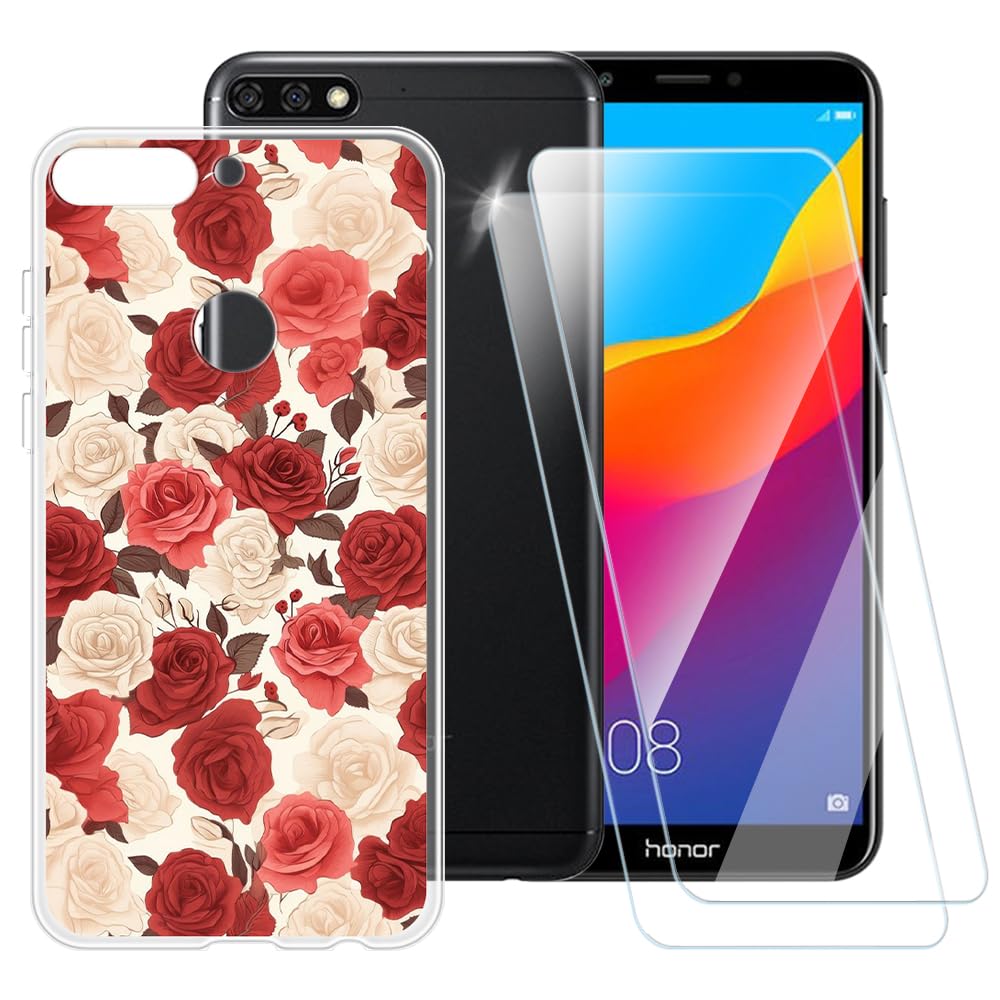 ESACMOT Rose Pattern Case Compatible with Huawei Honor 7C + [2 Pack] Screen Protector Tempered Glass, Shockproof Case Cover for Huawei Y7 Prime 2018 (5.99 inch)