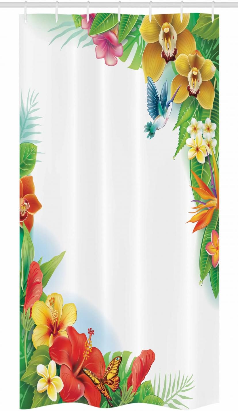 Ambesonne Hummingbirds Stall Shower Curtain, Tropical Flowers and Leaves Natural Foliage Vibrant Color Exotic Rainforest, Fabric Bathroom Decor Set with Hooks, 36" W x 72" L, Soft Blue Coral Green