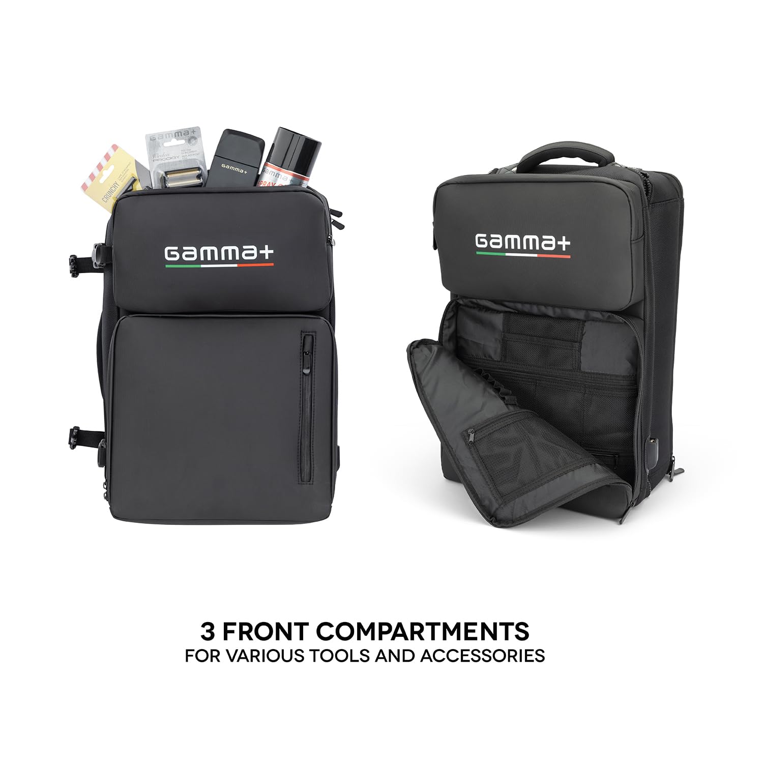 GAMMA+ Sac à Dos de Barbier, Sac à Dos de Barbier Professionnel, Sac de Coiffeur pour Tondeuse, Sèche-Cheveux, Ciseaux, Sac d'Outils de Coiffeur, Port USB, Imperméable, Noir.