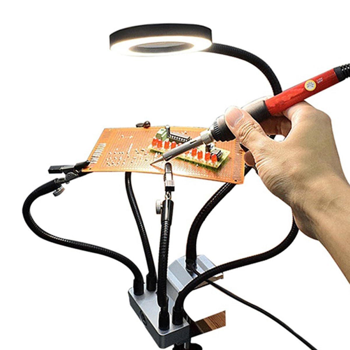 LED Lupen Tischlampe mit 360° Flexiblem Gelenk Dimmbare 11 Stufen LED Beleuchtung Klemmbare Schweiß und Reparaturlampe für Elektronik Basteln und Schmuck