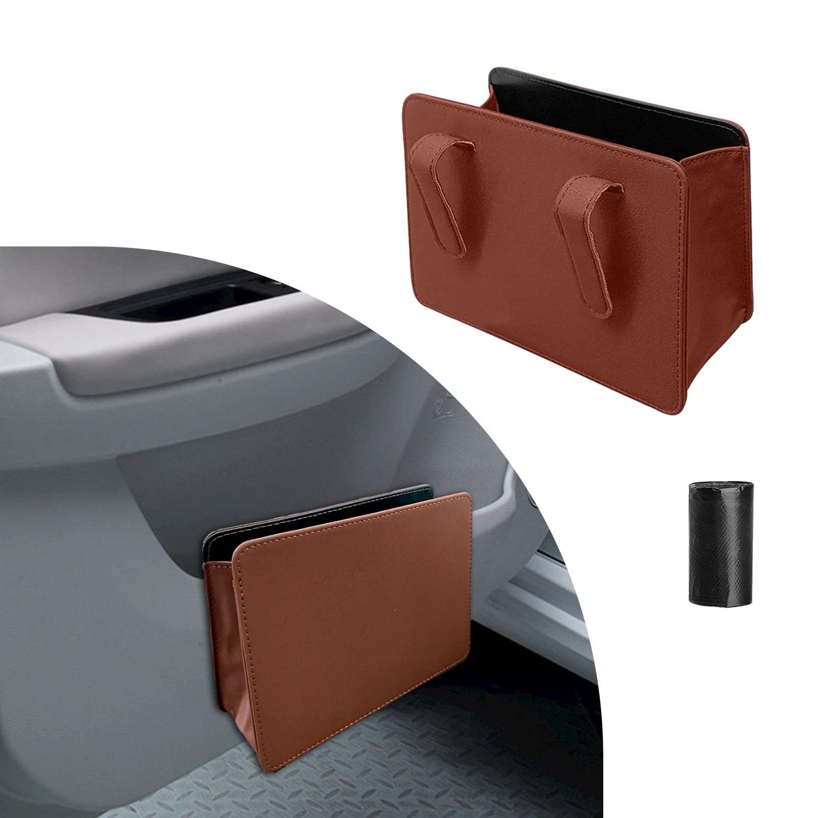 Augeny Car Trash Can, Foldable Waterproof Leather Dustbin Garbage Organizer Holder with One Roll Trash Bag, Mini Multifunctional Auto Storage Bag Container for Most Vehicles (Brown)
