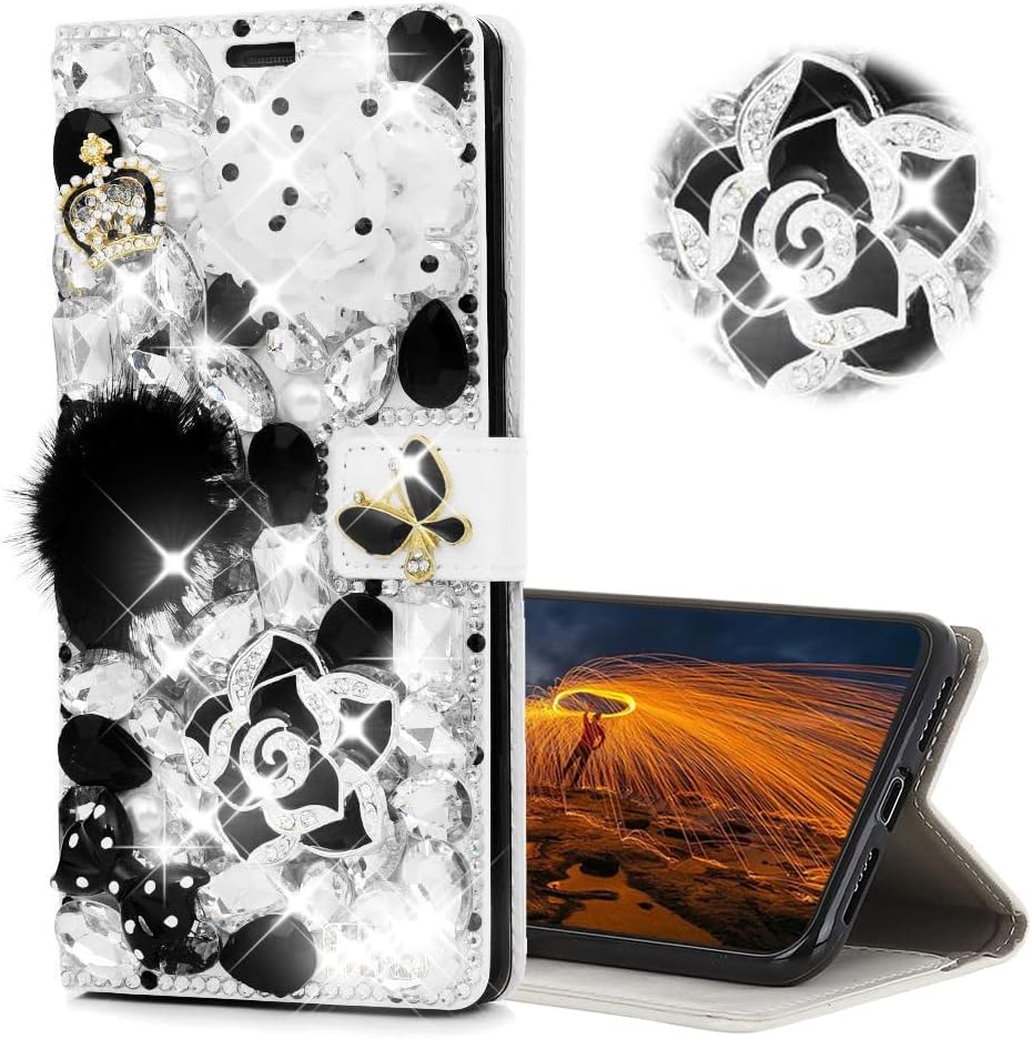 Glitter Wallet Phone Case Compatible with Samsung Galaxy S21 5G - 3D Luxury Girls Women Shiny Bling Handcrafted Leather Cover with Screen Protector (2 Pack) - Black Rose Camellia Flower