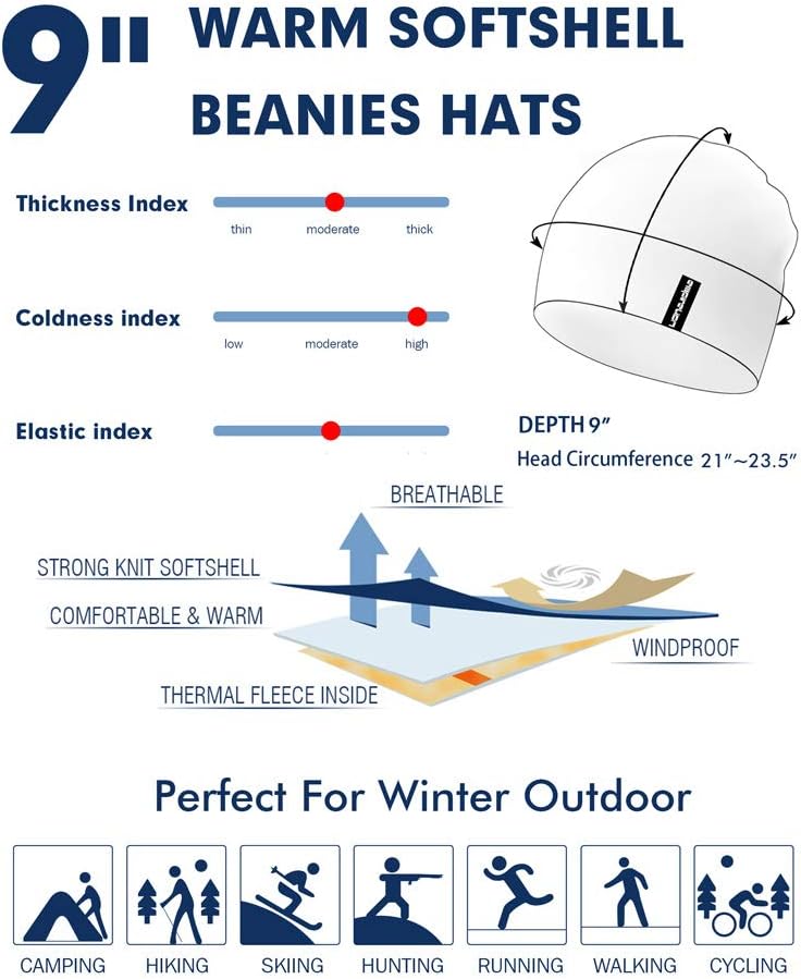 EMPIRELION Softshell Winter Fleece Lined Beanie Hats, 9" Running Skull Cap Thermal Tactical Watch Cap Men Women - Image 6