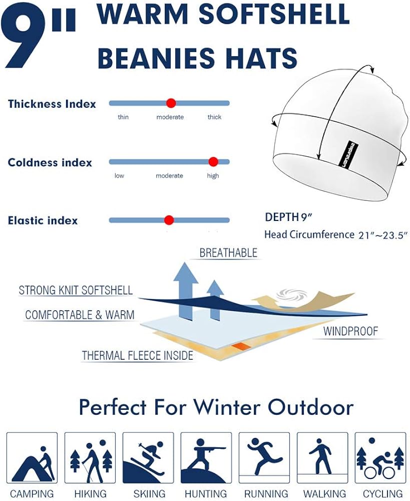 EMPIRELION 9" Warm Softshell Beanies, Thermal Fleece Lining Skull Cap for Winter Outdoor Sports (1, Arcticblue Melange) at  Men’s Clothing store
