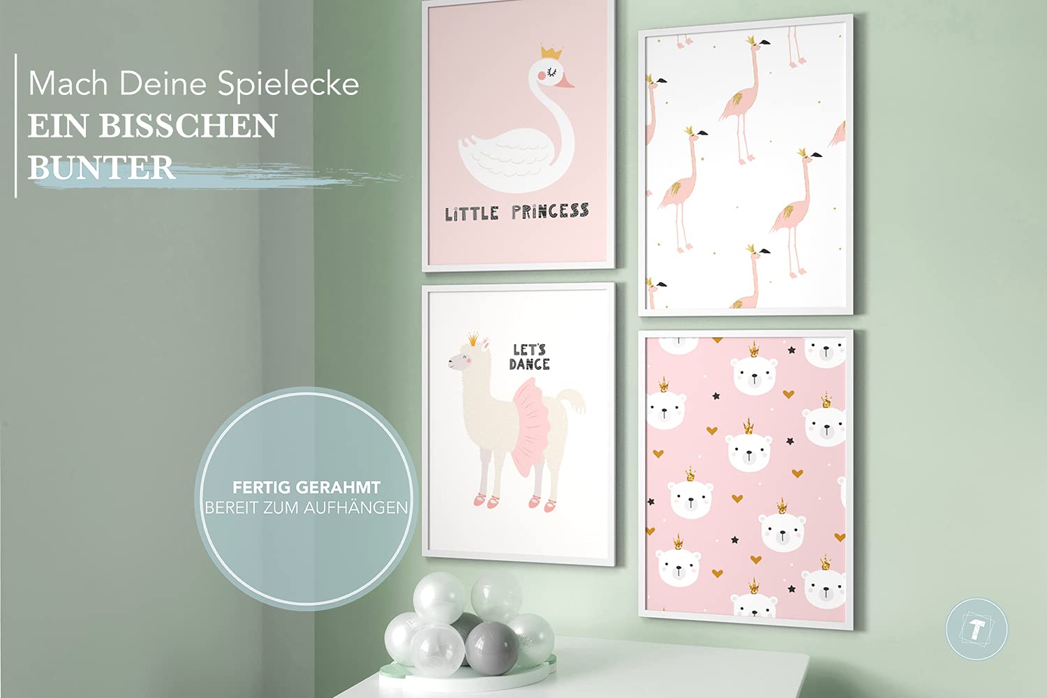 Cuadros para niños, Set de 4, A3 enmarcado en marco de madera (blanco), Regalo para niñas, Láminas decorativas para el cuarto infantil, rosa animales cisne Flamingo Llama, Princess Animals
